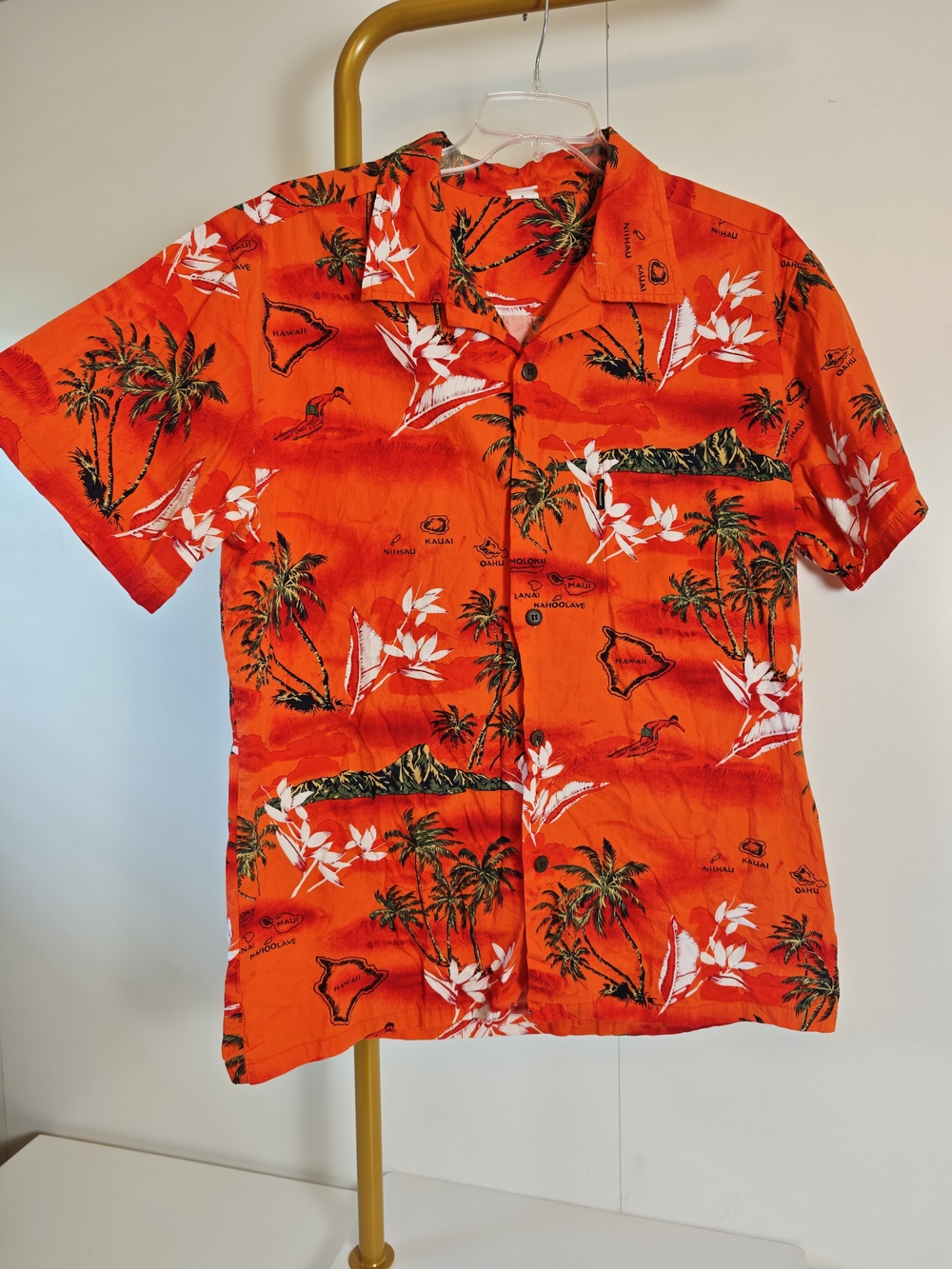 Miami Resortwear Cotton Men's Casual Orange Hawaiian Print Button-Down Shirt XL